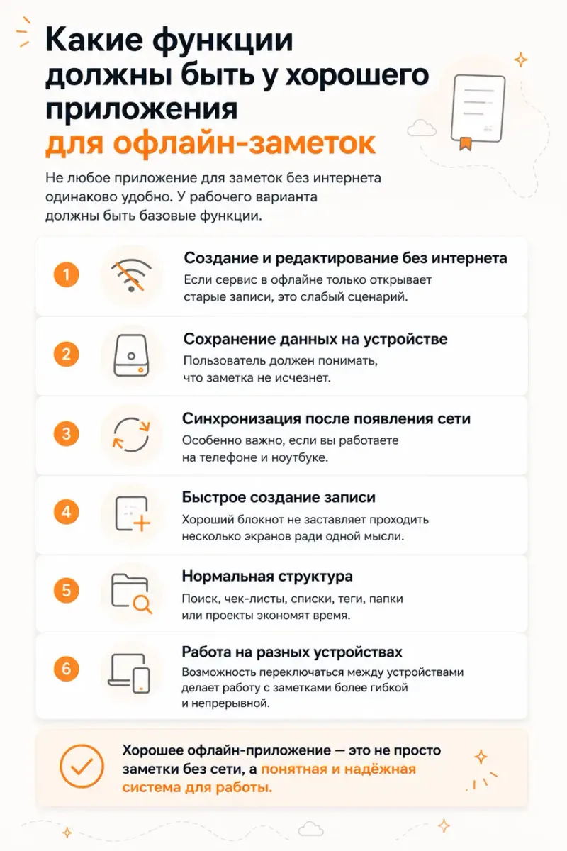 Какие функции должны быть у хорошего приложения для офлайн-заметок